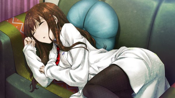 Anime picture 1280x720 with steins;gate white fox makise kurisu huke long hair brown hair wide image game cg lying eyes closed sleeping girl necktie couch