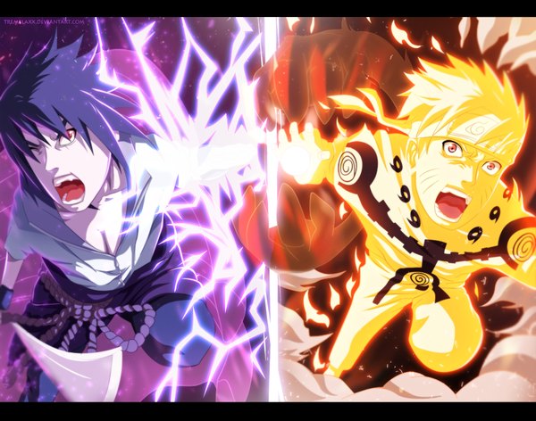 Anime picture 1100x867 with naruto studio pierrot naruto (series) uzumaki naruto uchiha sasuke tremblax short hair open mouth black hair blonde hair red eyes multiple girls coloring magic facial mark light letterboxed whisker markings angry jinchuriki