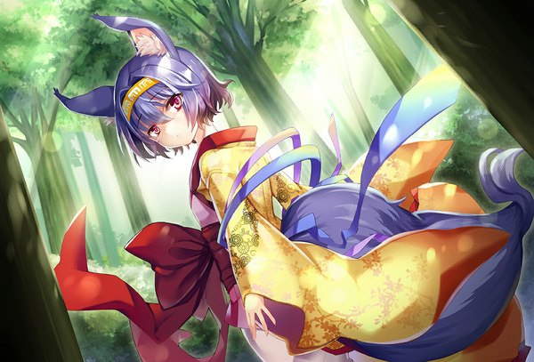 Anime picture 1190x808 with no game no life madhouse hatsuse izuna philomelalilium looking at viewer short hair purple eyes animal ears blue hair tail traditional clothes japanese clothes animal tail fox ears fox tail fox girl nature girl ribbon (ribbons) plant (plants)