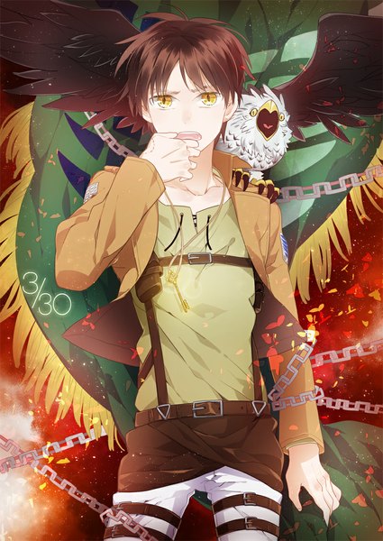 Anime picture 800x1129 with shingeki no kyojin production i.g eren yaeger kurisu takumi single tall image looking at viewer short hair open mouth brown hair yellow eyes open clothes open jacket animal eyes boy uniform animal jacket bird (birds) chain