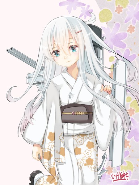 Anime picture 600x800 with kantai collection hibiki destroyer shinkun single long hair tall image looking at viewer blue eyes signed silver hair bent knee (knees) traditional clothes japanese clothes light smile leg lift (legs lift) girl hair ornament socks kimono obi
