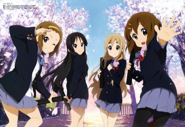 Anime picture 5937x4067 with k-on! kyoto animation megami magazine akiyama mio hirasawa yui kotobuki tsumugi tainaka ritsu long hair highres short hair black hair blonde hair brown hair multiple girls brown eyes absurdres one eye closed wink black eyes official art