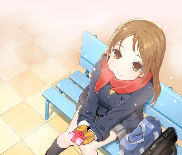 Anime picture 1200x1024 with original ryou (effort) single long hair blush brown hair sitting brown eyes light smile from above snowing looking up winter valentine girl uniform school uniform socks scarf black socks