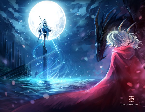Anime picture 1128x876 with original pixiv fantasia pixiv fantasia v e. ludy shell (pixiv) long hair red eyes multiple girls silver hair cloud (clouds) horn (horns) night night sky girl dress weapon 2 girls hat moon cloak