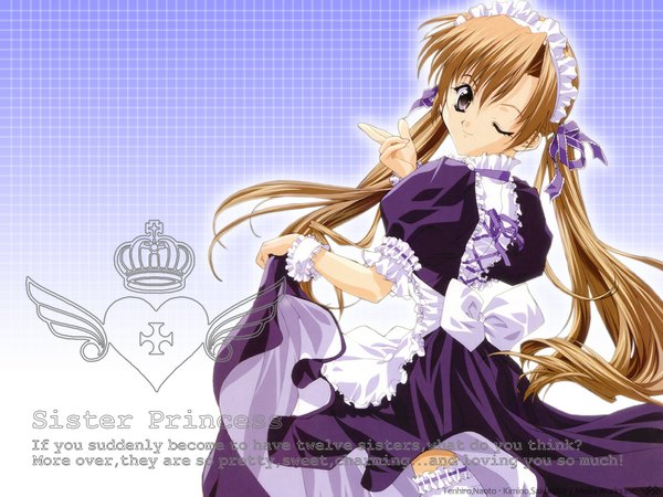 Anime picture 1024x768 with sister princess zexcs sakuya (sister princess) long hair brown hair twintails one eye closed wink black eyes maid ranguage engrish dress frills