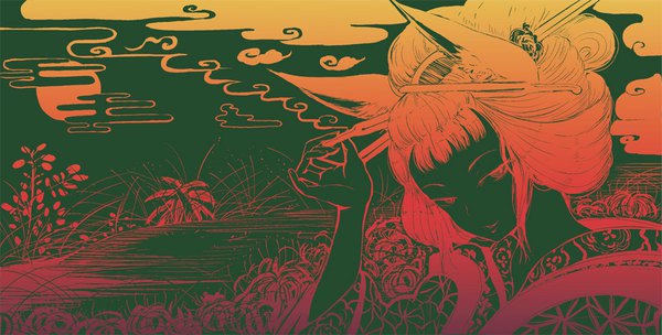 Anime picture 973x494 with original batta (kanzume quality) single looking at viewer wide image animal ears cloud (clouds) traditional clothes japanese clothes pointy ears fox ears outstretched arm floral print girl hair ornament plant (plants) grass sun yukata hairpin (hairpins)