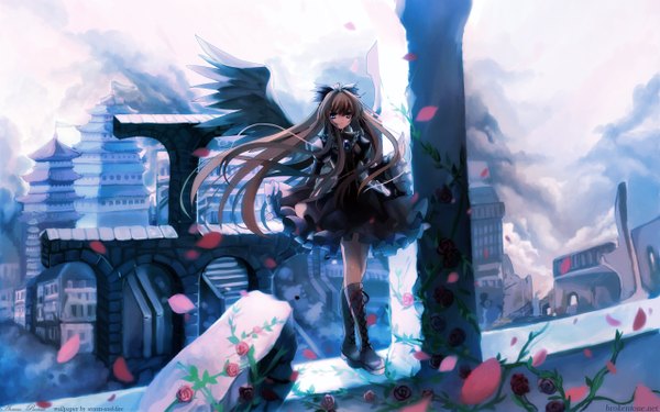 Anime picture 2560x1600 with touhou reiuji utsuho long hair highres wide image city ruins girl dress flower (flowers) petals wings boots rose (roses) thigh boots