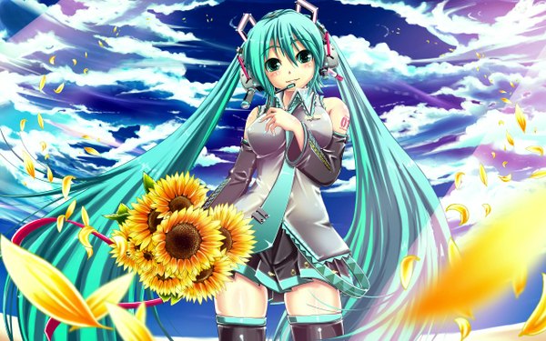 Anime picture 2560x1600 with vocaloid hatsune miku single highres smile wide image sky cloud (clouds) very long hair aqua eyes aqua hair girl skirt detached sleeves miniskirt petals necktie headphones thigh boots sunflower