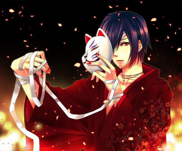 Anime picture 1200x998 with brave 10 unno rokurou short hair red eyes purple hair traditional clothes japanese clothes fingernails long fingernails bandage over one eye boy flower (flowers) petals kimono bandage (bandages) cross fox mask