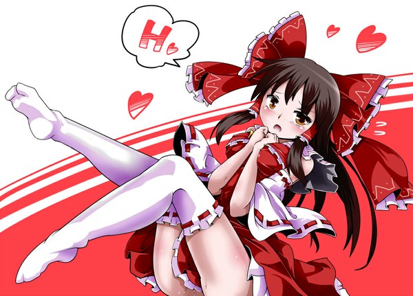 Anime picture 1112x800 with touhou hakurei reimu lili (artist) single long hair blush open mouth black hair brown eyes tears girl thighhighs bow hair bow detached sleeves white thighhighs heart