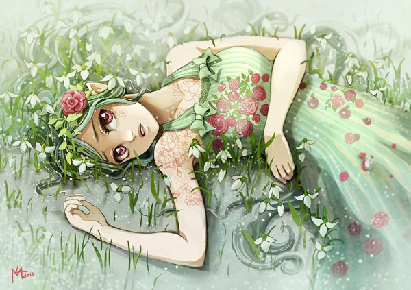 Anime picture 1000x706 with original radittz single looking at viewer red eyes bare shoulders signed lying very long hair hair flower green hair pointy ears tattoo girl dress hair ornament flower (flowers) plant (plants) grass sundress