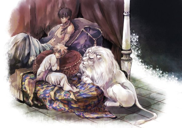 Anime picture 1800x1271 with katekyou hitman reborn sawada tsunayoshi xanxus mizu kon highres scar boy animal bed lion