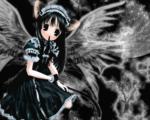 Anime picture 1280x1024 with aojiru single long hair black hair holding animal ears tail head tilt animal tail black eyes maid mouth hold third-party edit jpeg artifacts mouse girl girl dress uniform wings headdress