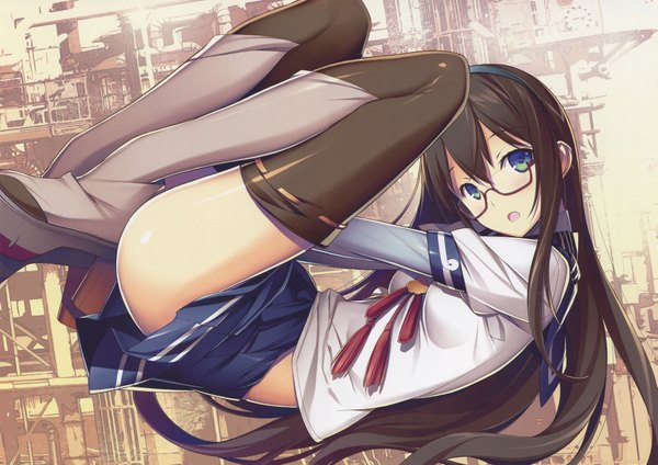 Anime picture 8577x6064 with kantai collection ooyodo light cruiser kikuchi seiji single long hair blush highres open mouth blue eyes light erotic black hair absurdres scan official art girl thighhighs skirt black thighhighs miniskirt glasses