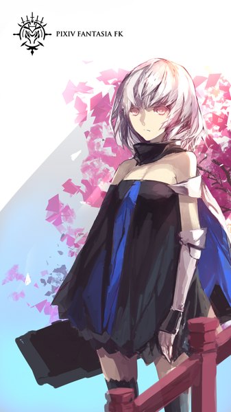 Anime picture 1195x2126 with original pixiv fantasia pixiv fantasia fallen kings swd3e2 single tall image looking at viewer short hair breasts standing bare shoulders purple hair pink eyes zettai ryouiki girl thighhighs dress black thighhighs armor cape