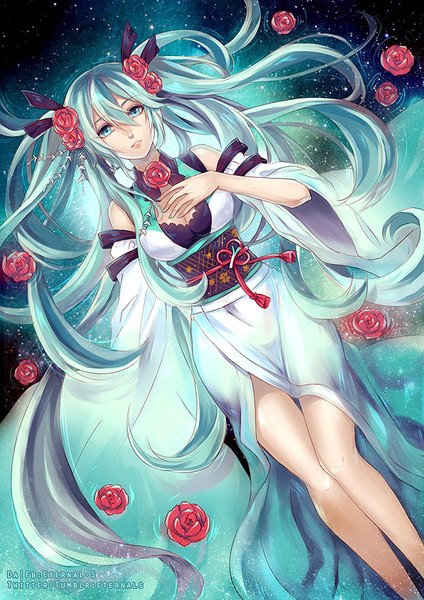 Anime picture 620x877 with vocaloid hatsune miku ten-chan (eternal-s) single tall image looking at viewer blush fringe breasts hair between eyes large breasts twintails bare shoulders signed cleavage bent knee (knees) lying long sleeves very long hair traditional clothes