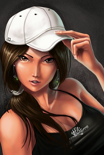 Anime picture 569x850 with poibuts single long hair tall image looking at viewer black hair simple background lips orange eyes girl earrings t-shirt flat cap