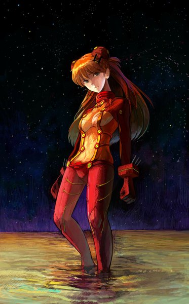 Anime picture 1150x1850 with neon genesis evangelion rebuild of evangelion evangelion: 2.0 you can (not) advance gainax soryu asuka langley shimeji single long hair tall image orange hair night girl hair ornament water star (stars) pilot suit