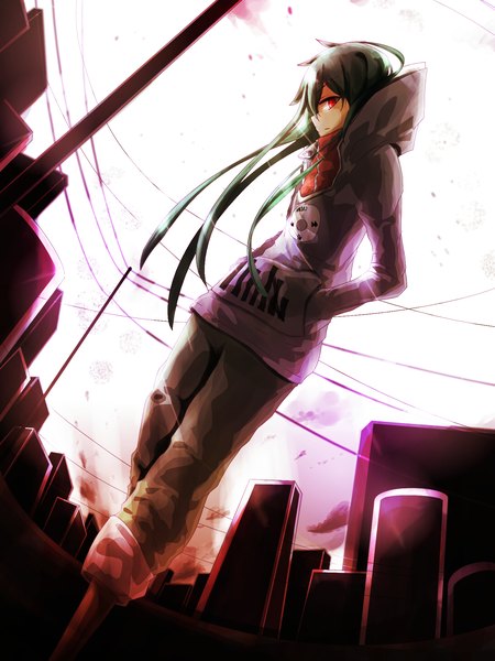 Anime picture 1500x2000 with kagerou project shaft (studio) kido tsubomi natsu-san single long hair tall image looking at viewer red eyes sky profile green hair city hands in pockets girl petals hood