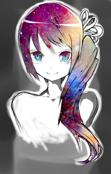 Anime picture 1280x2000 with vocaloid hatsune miku single long hair tall image looking at viewer smile upper body multicolored hair grey background multicolored eyes girl