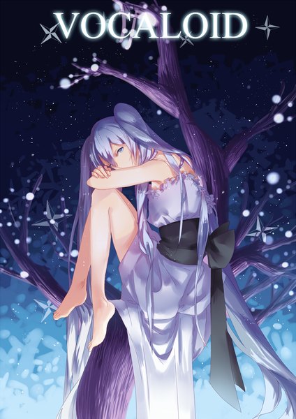 Anime picture 1500x2122 with vocaloid hatsune miku drrr84925 single tall image looking at viewer blue eyes twintails blue hair very long hair barefoot bare legs girl dress plant (plants) tree (trees) sundress