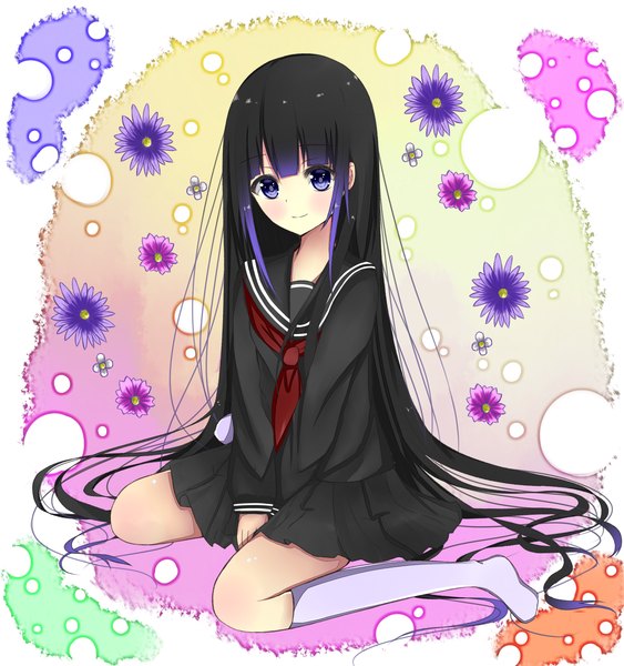 Anime picture 2407x2567 with original hiiragi natume single long hair tall image looking at viewer blush highres blue eyes black hair smile sitting very long hair multicolored hair two-tone hair between legs girl skirt uniform flower (flowers)