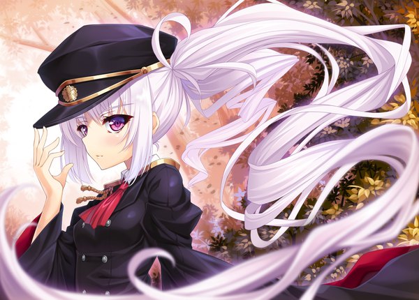 Anime picture 3505x2513 with original tonchan single looking at viewer blush highres purple eyes payot absurdres upper body white hair ponytail very long hair profile wind wide sleeves girl uniform plant (plants) tree (trees)
