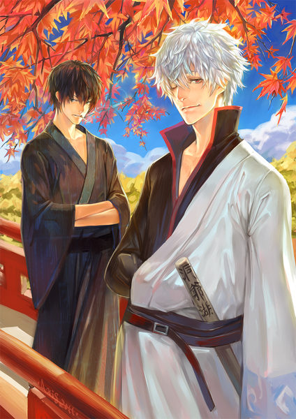 Anime picture 1060x1500 with gintama sunrise (studio) sakata gintoki hijikata toshiro axis (artist) tall image looking at viewer fringe short hair blue eyes red eyes looking away sky cloud (clouds) white hair traditional clothes japanese clothes light smile wide sleeves multiple boys
