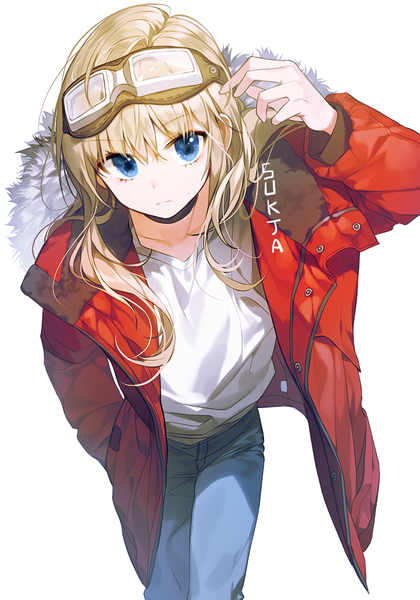 Anime picture 700x1000 with original sorolp single long hair tall image looking at viewer fringe blue eyes blonde hair simple background hair between eyes standing white background signed arm up open clothes leaning leaning forward fur trim hand in pocket