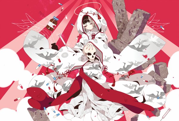 Anime picture 1177x800 with original shikimi (yurakuru) single fringe short hair brown hair cloud (clouds) eyes closed traditional clothes japanese clothes light smile eyebrows red background animal print bird print girl hair ornament animal wings kimono