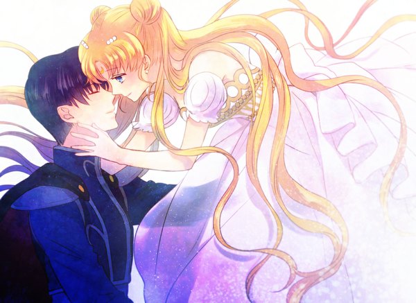 Anime picture 950x692 with bishoujo senshi sailor moon toei animation tsukino usagi princess serenity chiba mamoru prince endymion long hair blush short hair blue eyes simple background blonde hair white background twintails purple hair eyes closed profile light smile hair bun (hair buns) couple