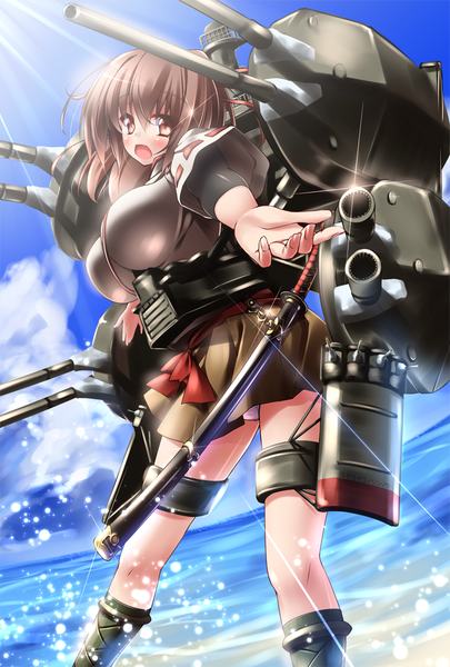 Anime picture 800x1184 with kantai collection ise battleship midoriiro no shinzou single tall image looking at viewer blush short hair breasts open mouth light erotic brown hair large breasts standing brown eyes sky cloud (clouds) ponytail wet pantyshot