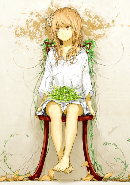 Anime picture 992x1403 with original loundraw single long hair tall image looking at viewer fringe brown hair sitting brown eyes signed barefoot shadow girl dress hair ornament plant (plants) frills white dress leaf (leaves)
