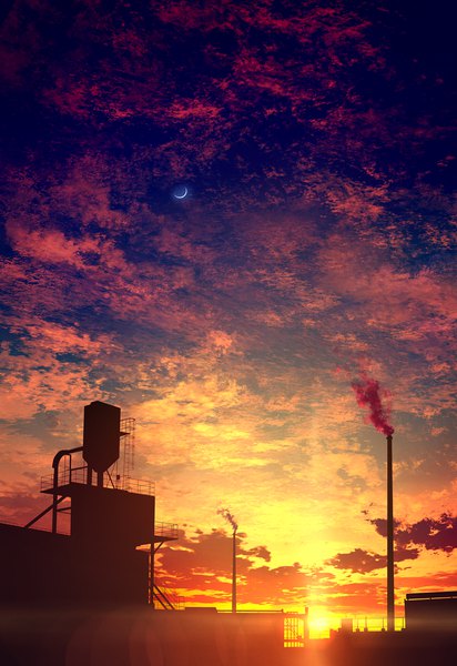 Anime picture 833x1211 with original mks tall image sky cloud (clouds) sunlight evening sunset smoke no people sunbeam crescent moon sun