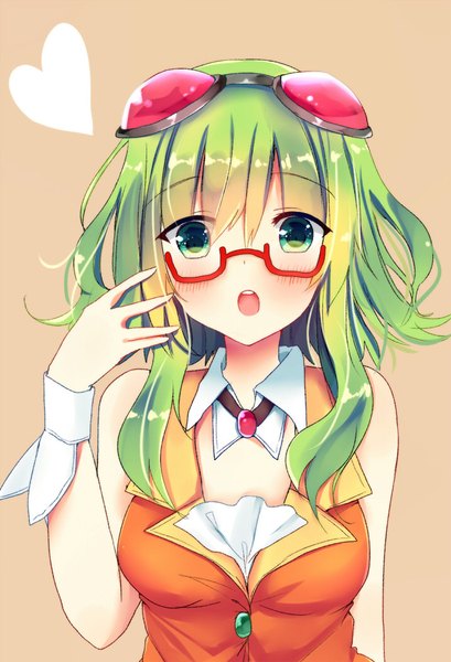 Anime picture 716x1050 with vocaloid gumi asanagi kurumi (panda-doufu) single tall image looking at viewer blush fringe short hair open mouth simple background hair between eyes bare shoulders green eyes payot upper body green hair brown background goggles on head bespectacled