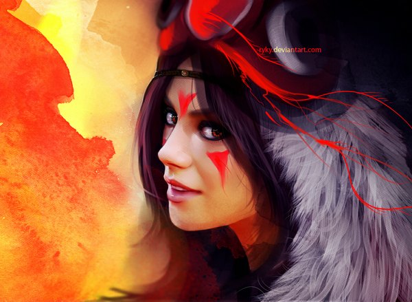 Anime picture 1162x851 with mononoke hime studio ghibli san ryky single long hair black hair smile red eyes profile lips realistic portrait face paint girl