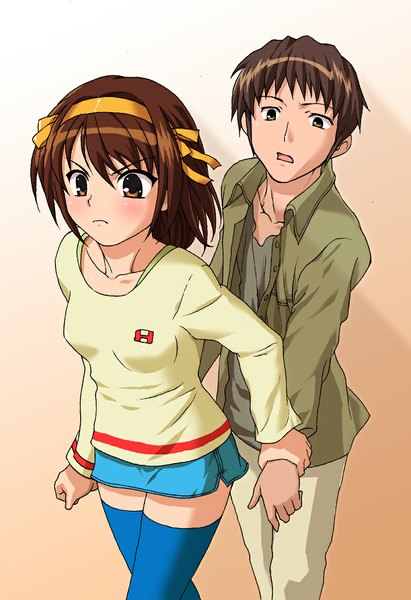 Anime picture 800x1167 with suzumiya haruhi no yuutsu kyoto animation suzumiya haruhi kyon g-tetsu tall image blush fringe short hair breasts open mouth brown hair brown eyes yellow eyes open clothes open shirt couple holding hands surprised casual