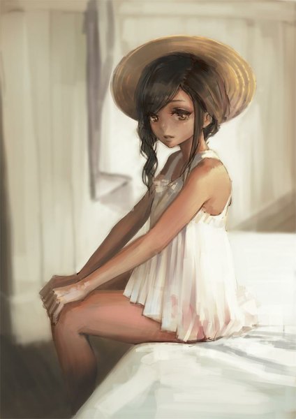 Anime picture 707x1000 with original aro (charged time out) single long hair tall image looking at viewer brown hair bare shoulders brown eyes bent knee (knees) indoors lips bare legs hand on knee girl hat straw hat