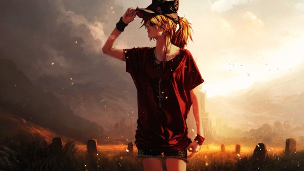 Anime picture 1366x768 with neon genesis evangelion gainax soryu asuka langley jian huang single long hair fringe breasts wide image standing animal ears payot sky cloud (clouds) outdoors ponytail parted lips profile arm up wind