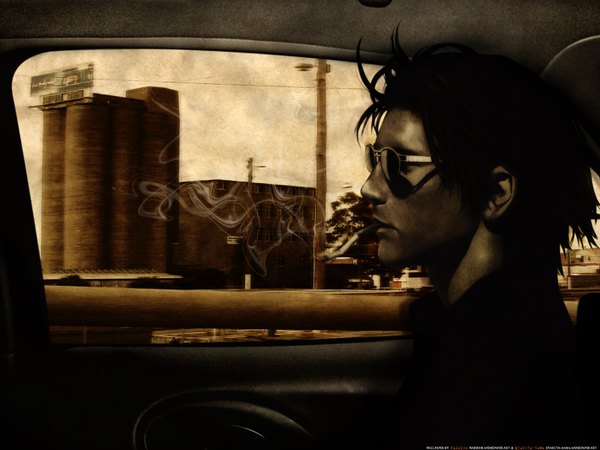 Anime picture 1600x1200 with blue submarine no 6 gonzo range murata single short hair black hair profile dark skin smoke smoking boy building (buildings) sunglasses cigarette