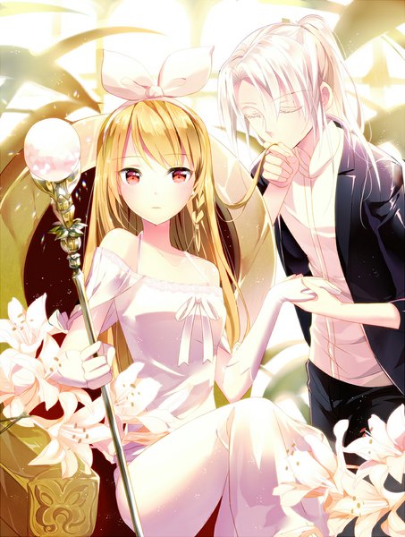 Anime picture 900x1192 with original mimosa long hair tall image looking at viewer blonde hair red eyes sitting white hair couple girl dress boy gloves flower (flowers) bow hair bow elbow gloves staff