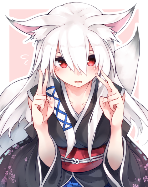 Anime picture 1000x1267 with original otokuyou single long hair tall image looking at viewer blush fringe open mouth smile red eyes animal ears white hair tail long sleeves traditional clothes :d japanese clothes animal tail wide sleeves