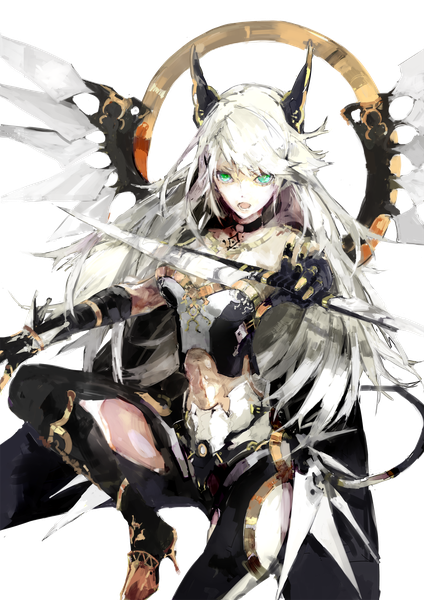 Anime picture 1200x1697 with original daken single long hair tall image looking at viewer fringe open mouth simple background hair between eyes holding green eyes payot cleavage bent knee (knees) white hair arm up horn (horns) grey background :o