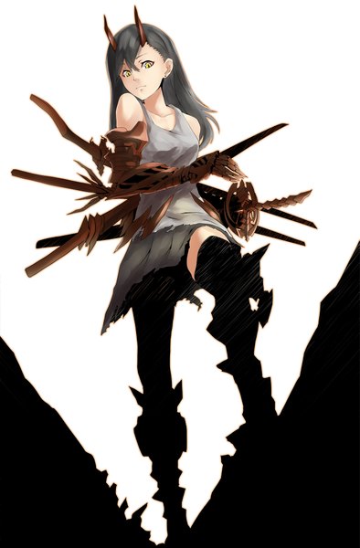 Anime picture 1315x2000 with original kurokogetya single tall image breasts yellow eyes horn (horns) oni horns girl skirt gloves weapon boots armor