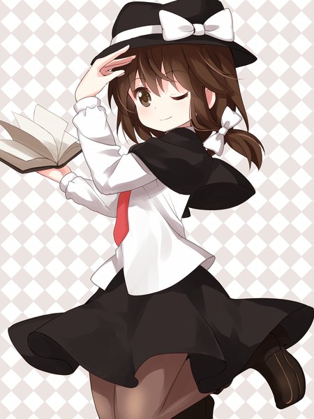 Anime picture 900x1200 with touhou usami renko ruu (tksymkw) single long hair tall image looking at viewer blush simple background brown hair holding brown eyes one eye closed light smile wink jumping checkered checkered background girl thighhighs