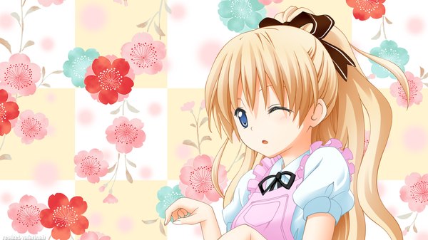 Anime picture 1920x1080 with mayoi neko overrun! umenomori chise highres blue eyes blonde hair wide image ponytail girl flower (flowers) apron