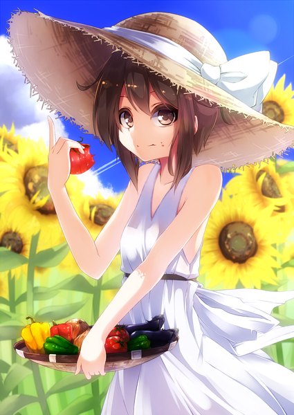 Anime picture 1504x2124 with original teru single tall image short hair smile brown hair holding brown eyes light smile summer food on face girl dress flower (flowers) hat food white dress straw hat vegetables