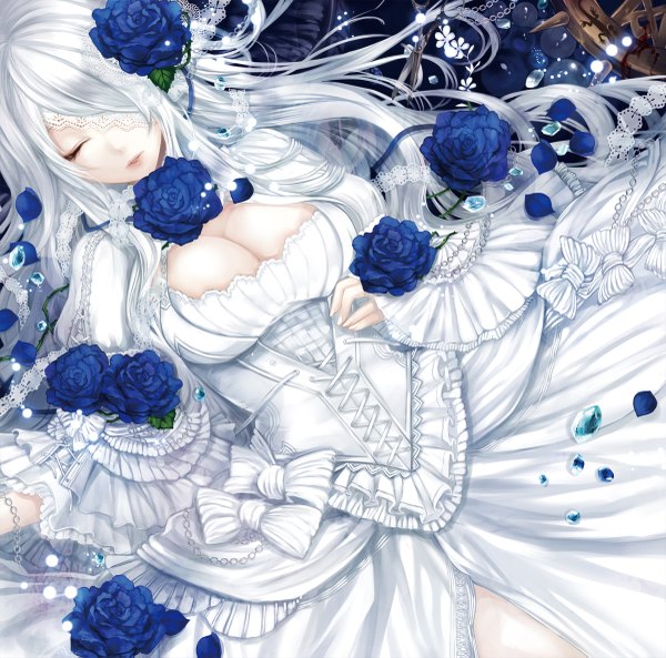Anime picture 1200x1187 with original ut (apt) single long hair breasts white hair eyes closed girl dress flower (flowers) petals scissors