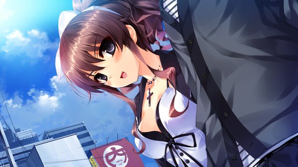 Anime picture 1280x720 with ushinawareta mirai wo motomete hanamiya nagisa misaki kurehito blush open mouth blue eyes brown hair wide image game cg girl