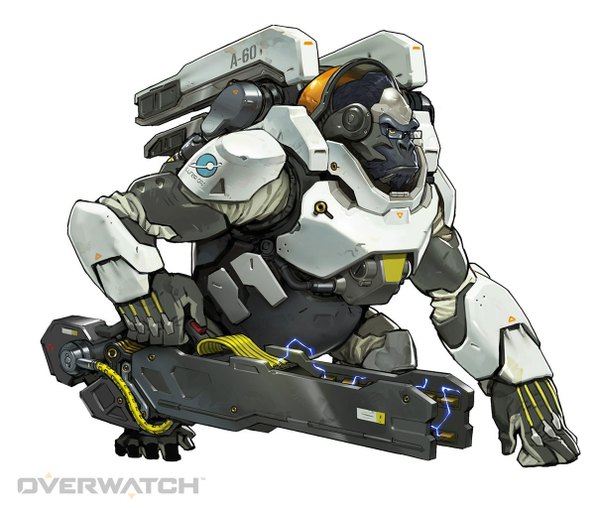 Anime picture 1209x1024 with overwatch blizzard entertainment winston (overwatch) tagme (artist) single simple background white background yellow eyes mechanical weapon animal gun monkey